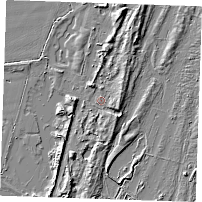Shaded relief map of the ground around PE244ST, computed from Environment Agency LiDAR. The ground here sits at about 4 m above sea level and falls 7 m across the surrounding 800 m. Surface water reaching this point runs off ground lying to the east, 4.2 m higher.