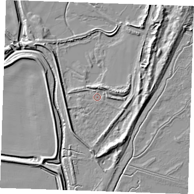Shaded relief map of the ground around PE244SU, computed from Environment Agency LiDAR. The ground here sits at about 4 m above sea level and falls 8 m across the surrounding 800 m. Surface water reaching this point runs off ground lying to the north-north-east, 2.5 m higher.