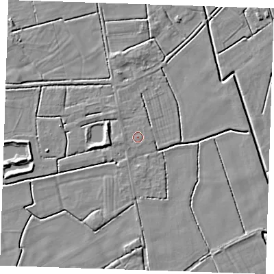 Shaded relief map of the ground around PE244SX, computed from Environment Agency LiDAR. The ground here sits at about 2 m above sea level and falls 4 m across the surrounding 800 m. Surface water reaching this point runs off ground lying to the west, 0.6 m higher.