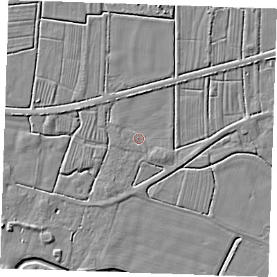 Shaded relief map of the ground around PE244TA, computed from Environment Agency LiDAR. The ground here sits at about 2 m above sea level and falls 5 m across the surrounding 800 m. Surface water reaching this point runs off ground lying to the south-east, 2.9 m higher.