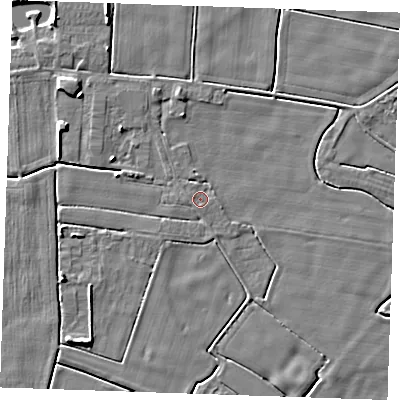 Shaded relief map of the ground around PE244TB, computed from Environment Agency LiDAR. The ground here sits at about 2 m above sea level and falls 4 m across the surrounding 800 m. Surface water reaching this point runs off ground lying to the west, 1.2 m higher.
