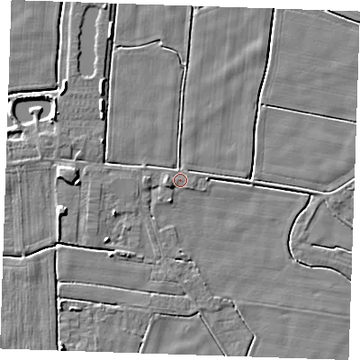 Shaded relief map of the ground around PE244TD, computed from Environment Agency LiDAR. The ground here sits at about 2 m above sea level and falls 4 m across the surrounding 800 m. Surface water reaching this point runs off ground lying to the west-south-west, 1.9 m higher.