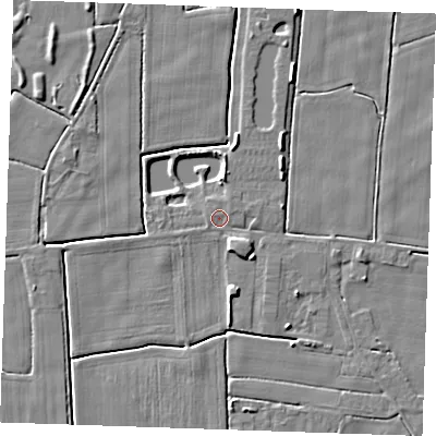 Shaded relief map of the ground around PE244TE, computed from Environment Agency LiDAR. The ground here sits at about 2 m above sea level and falls 4 m across the surrounding 800 m. Surface water reaching this point runs off ground lying to the north-east, 0.6 m higher.