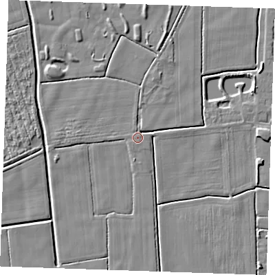 Shaded relief map of the ground around PE244TF, computed from Environment Agency LiDAR. The ground here sits at about 2 m above sea level and falls 4 m across the surrounding 800 m. Surface water reaching this point runs off ground lying to the north-north-east, 2.4 m higher.