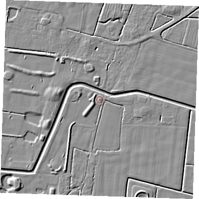 Shaded relief map of the ground around PE244TG, computed from Environment Agency LiDAR. The ground here sits at about 3 m above sea level and falls 5 m across the surrounding 800 m. Surface water reaching this point runs off ground lying to the south-south-west, 3.5 m higher.