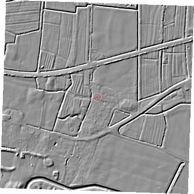 Shaded relief map of the ground around PE244TH, computed from Environment Agency LiDAR. The ground here sits at about 2 m above sea level and falls 5 m across the surrounding 800 m. Surface water reaching this point runs off ground lying to the east-south-east, 2.0 m higher.