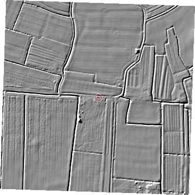 Shaded relief map of the ground around PE244TJ, computed from Environment Agency LiDAR. The ground here sits at about 2 m above sea level and falls 4 m across the surrounding 800 m. Surface water reaching this point runs off ground lying to the north, 1.0 m higher.