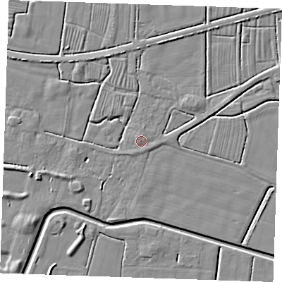 Shaded relief map of the ground around PE244TL, computed from Environment Agency LiDAR. The ground here sits at about 3 m above sea level and falls 5 m across the surrounding 800 m. Surface water reaching this point runs off ground lying to the north-north-west, 0.8 m higher.