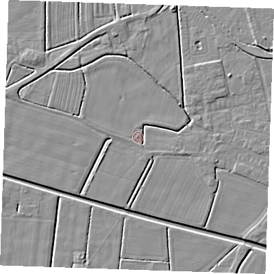 Shaded relief map of the ground around PE244TN, computed from Environment Agency LiDAR. The ground here sits at about 2 m above sea level and falls 4 m across the surrounding 800 m. Surface water reaching this point runs off ground lying to the east-south-east, 2.3 m higher.