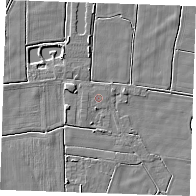 Shaded relief map of the ground around PE244TP, computed from Environment Agency LiDAR. The ground here sits at about 2 m above sea level and falls 4 m across the surrounding 800 m. Surface water reaching this point runs off ground lying to the west, 0.6 m higher.