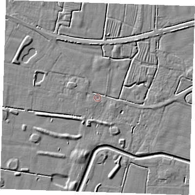 Shaded relief map of the ground around PE244TR, computed from Environment Agency LiDAR. The ground here sits at about 2 m above sea level and falls 5 m across the surrounding 800 m. Surface water reaching this point runs off ground lying to the north-north-west, 3.0 m higher.