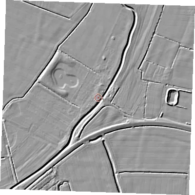 Shaded relief map of the ground around PE244TS, computed from Environment Agency LiDAR. The ground here sits at about 3 m above sea level and falls 4 m across the surrounding 800 m. Surface water reaching this point runs off ground lying to the south-south-east, 2.8 m higher.