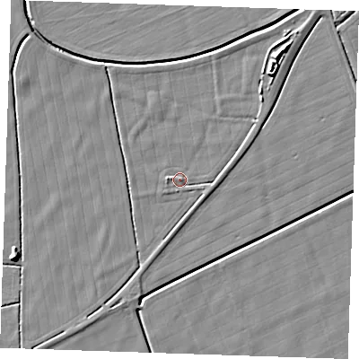 Shaded relief map of the ground around PE244TT, computed from Environment Agency LiDAR. The ground here sits at about 2 m above sea level and falls 7 m across the surrounding 800 m. Surface water reaching this point runs off ground lying to the west, 1.9 m higher.
