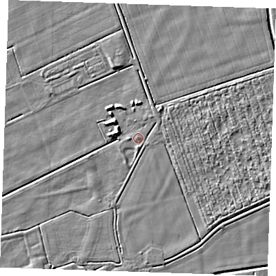 Shaded relief map of the ground around PE244TU, computed from Environment Agency LiDAR. The ground here sits at about 2 m above sea level and falls 5 m across the surrounding 800 m. Surface water reaching this point runs off ground lying to the south, 1.5 m higher.