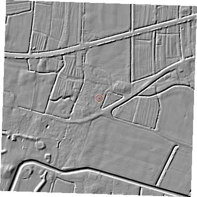 Shaded relief map of the ground around PE244TW, computed from Environment Agency LiDAR. The ground here sits at about 2 m above sea level and falls 5 m across the surrounding 800 m. Surface water reaching this point runs off ground lying to the south-west, 1.7 m higher.