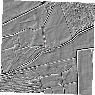 Shaded relief map of the ground around PE244TX, computed from Environment Agency LiDAR. The ground here sits at about 2 m above sea level and falls 4 m across the surrounding 800 m. Surface water reaching this point runs off ground lying to the south-east, 0.7 m higher.