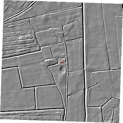 Shaded relief map of the ground around PE244TY, computed from Environment Agency LiDAR. The ground here sits at about 2 m above sea level and falls 3 m across the surrounding 800 m. Surface water reaching this point runs off ground lying to the south, 1.4 m higher.