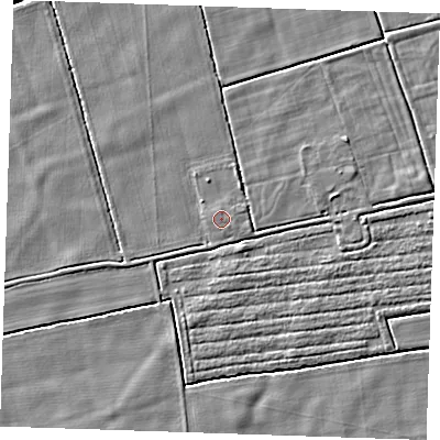 Shaded relief map of the ground around PE244TZ, computed from Environment Agency LiDAR. The ground here sits at about 2 m above sea level and falls 3 m across the surrounding 800 m. The ground contributing surface water to this point lies to the south-east.