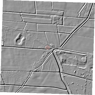Shaded relief map of the ground around PE244UB, computed from Environment Agency LiDAR. The ground here sits at about 2 m above sea level and falls 3 m across the surrounding 800 m. Surface water reaching this point runs off ground lying to the east-north-east, 2.4 m higher.