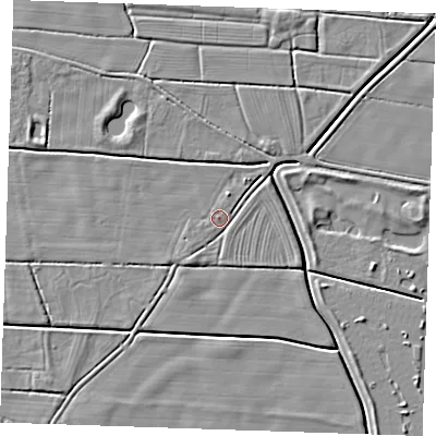 Shaded relief map of the ground around PE244UD, computed from Environment Agency LiDAR. The ground here sits at about 3 m above sea level and falls 3 m across the surrounding 800 m. Surface water reaching this point runs off ground lying to the north-north-east, 2.5 m higher.