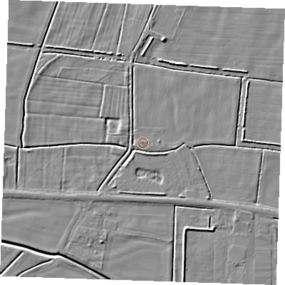 Shaded relief map of the ground around PE244UE, computed from Environment Agency LiDAR. The ground here sits at about 2 m above sea level and falls 4 m across the surrounding 800 m. Surface water reaching this point runs off ground lying to the south-south-east, 1.9 m higher.