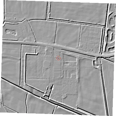 Shaded relief map of the ground around PE244UF, computed from Environment Agency LiDAR. The ground here sits at about 3 m above sea level and falls 4 m across the surrounding 800 m. The ground contributing surface water to this point lies to the west-north-west.