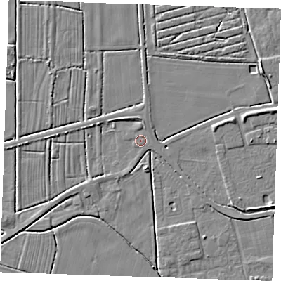 Shaded relief map of the ground around PE244UL, computed from Environment Agency LiDAR. The ground here sits at about 2 m above sea level and falls 5 m across the surrounding 800 m. Surface water reaching this point runs off ground lying to the north, 1.0 m higher.