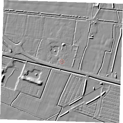 Shaded relief map of the ground around PE245AA, computed from Environment Agency LiDAR. The ground here sits at about 2 m above sea level and falls 6 m across the surrounding 800 m. Surface water reaching this point runs off ground lying to the north-east, 2.6 m higher.
