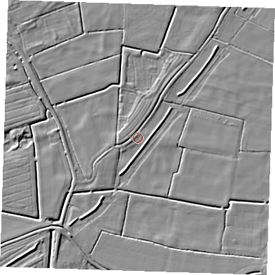Shaded relief map of the ground around PE245AS, computed from Environment Agency LiDAR. The ground here sits at about 2 m above sea level and falls 5 m across the surrounding 800 m. Surface water reaching this point runs off ground lying to the south-south-west, 4.5 m higher.
