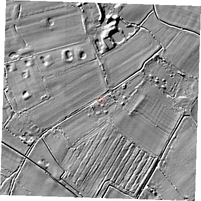 Shaded relief map of the ground around PE245AW, computed from Environment Agency LiDAR. The ground here sits at about 5 m above sea level and falls 7 m across the surrounding 800 m. Surface water reaching this point runs off ground lying to the south-south-west, 0.9 m higher.