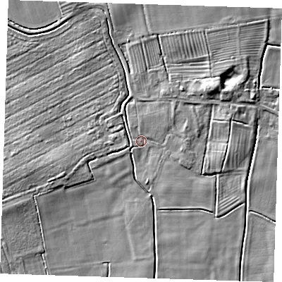 Shaded relief map of the ground around PE245AZ, computed from Environment Agency LiDAR. The ground here sits at about 3 m above sea level and falls 7 m across the surrounding 800 m. Surface water reaching this point runs off ground lying to the north-east, 5.7 m higher.