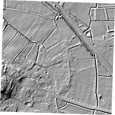 Shaded relief map of the ground around PE245BF, computed from Environment Agency LiDAR. The ground here sits at about 3 m above sea level and falls 14 m across the surrounding 800 m. Surface water reaching this point runs off ground lying to the west-south-west, 0.9 m higher.