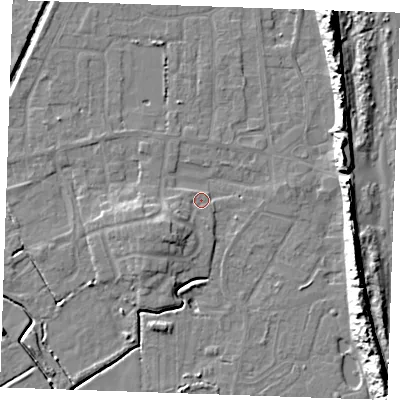 Shaded relief map of the ground around PE245BH, computed from Environment Agency LiDAR. The ground here sits at about 2 m above sea level and falls 14 m across the surrounding 800 m. Surface water reaching this point runs off ground lying to the south-west, 4.6 m higher.