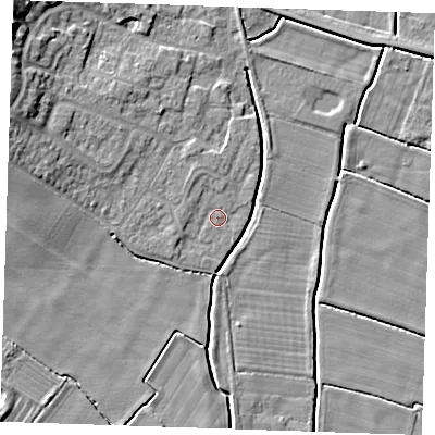 Shaded relief map of the ground around PE245BJ, computed from Environment Agency LiDAR. The ground here sits at about 2 m above sea level and falls 10 m across the surrounding 800 m. Surface water reaching this point runs off ground lying to the west-south-west, 1.3 m higher.