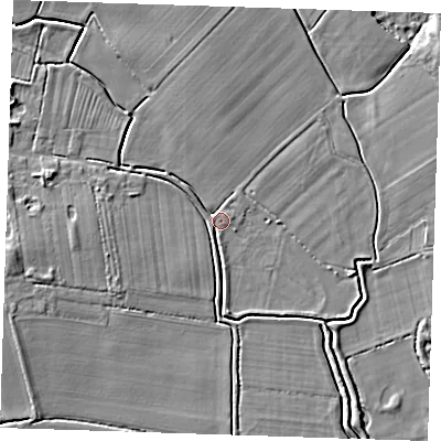 Shaded relief map of the ground around PE245BY, computed from Environment Agency LiDAR. The ground here sits at about 3 m above sea level and falls 6 m across the surrounding 800 m. Surface water reaching this point runs off ground lying to the west, 4.3 m higher.