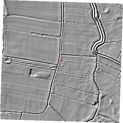 Shaded relief map of the ground around PE245DD, computed from Environment Agency LiDAR. The ground here sits at about 3 m above sea level and falls 5 m across the surrounding 800 m. Surface water reaching this point runs off ground lying to the west, 3.1 m higher.