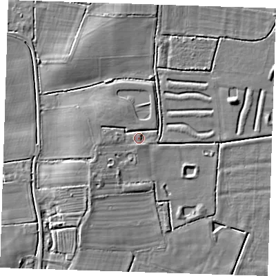 Shaded relief map of the ground around PE245DE, computed from Environment Agency LiDAR. The ground here sits at about 4 m above sea level and falls 5 m across the surrounding 800 m. Surface water reaching this point runs off ground lying to the west-south-west, 2.8 m higher.