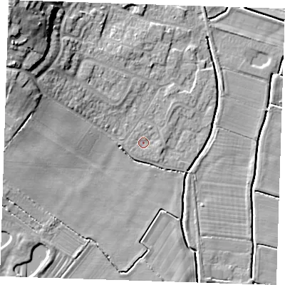 Shaded relief map of the ground around PE245DU, computed from Environment Agency LiDAR. The ground here sits at about 3 m above sea level and falls 17 m across the surrounding 800 m. Surface water reaching this point runs off ground lying to the west, 0.6 m higher.