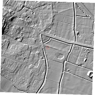 Shaded relief map of the ground around PE245EU, computed from Environment Agency LiDAR. The ground here sits at about 2 m above sea level and falls 10 m across the surrounding 800 m. Surface water reaching this point runs off ground lying to the west-north-west, 1.0 m higher.