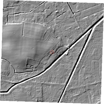 Shaded relief map of the ground around PE245FH, computed from Environment Agency LiDAR. The ground here sits at about 4 m above sea level and falls 7 m across the surrounding 800 m. Surface water reaching this point runs off ground lying to the north-north-west, 1.8 m higher.