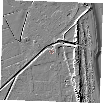 Shaded relief map of the ground around PE245FJ, computed from Environment Agency LiDAR. The ground here sits at about 2 m above sea level and falls 15 m across the surrounding 800 m. Surface water reaching this point runs off ground lying to the north-north-east, 4.4 m higher.