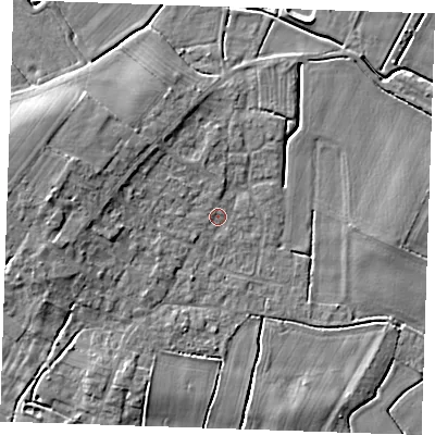 Shaded relief map of the ground around PE245FL, computed from Environment Agency LiDAR. The ground here sits at about 2 m above sea level and falls 6 m across the surrounding 800 m. Surface water reaching this point runs off ground lying to the west-north-west, 3.6 m higher.