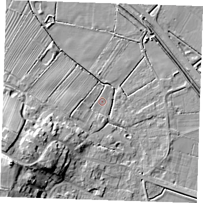 Shaded relief map of the ground around PE245FR, computed from Environment Agency LiDAR. The ground here sits at about 3 m above sea level and falls 20 m across the surrounding 800 m. Surface water reaching this point runs off ground lying to the west-south-west, 3.9 m higher.
