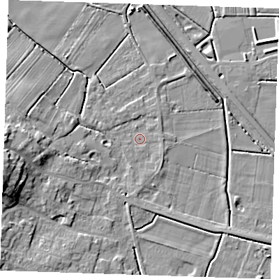 Shaded relief map of the ground around PE245HA, computed from Environment Agency LiDAR. The ground here sits at about 2 m above sea level and falls 12 m across the surrounding 800 m. Surface water reaching this point runs off ground lying to the west-south-west, 10.1 m higher.