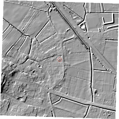 Shaded relief map of the ground around PE245HD, computed from Environment Agency LiDAR. The ground here sits at about 3 m above sea level and falls 10 m across the surrounding 800 m. Surface water reaching this point runs off ground lying to the west-south-west, 8.3 m higher.