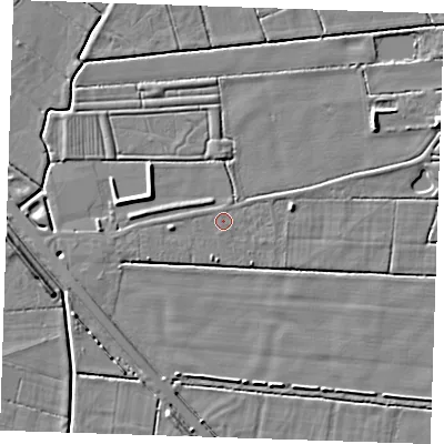 Shaded relief map of the ground around PE245HE, computed from Environment Agency LiDAR. The ground here sits at about 2 m above sea level and falls 5 m across the surrounding 800 m. The ground contributing surface water to this point lies to the north.