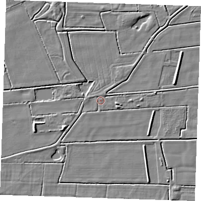 Shaded relief map of the ground around PE245HF, computed from Environment Agency LiDAR. The ground here sits at about 2 m above sea level and falls 5 m across the surrounding 800 m. Surface water reaching this point runs off ground lying to the north-north-east, 1.2 m higher.