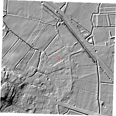 Shaded relief map of the ground around PE245HG, computed from Environment Agency LiDAR. The ground here sits at about 3 m above sea level and falls 14 m across the surrounding 800 m. Surface water reaching this point runs off ground lying to the west-south-west, 1.1 m higher.