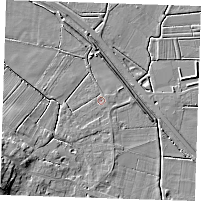 Shaded relief map of the ground around PE245HH, computed from Environment Agency LiDAR. The ground here sits at about 2 m above sea level and falls 11 m across the surrounding 800 m. Surface water reaching this point runs off ground lying to the east-north-east, 0.9 m higher.