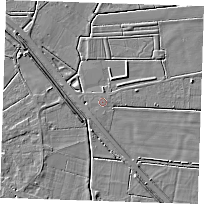Shaded relief map of the ground around PE245HJ, computed from Environment Agency LiDAR. The ground here sits at about 3 m above sea level and falls 4 m across the surrounding 800 m. The ground contributing surface water to this point lies to the north-east.